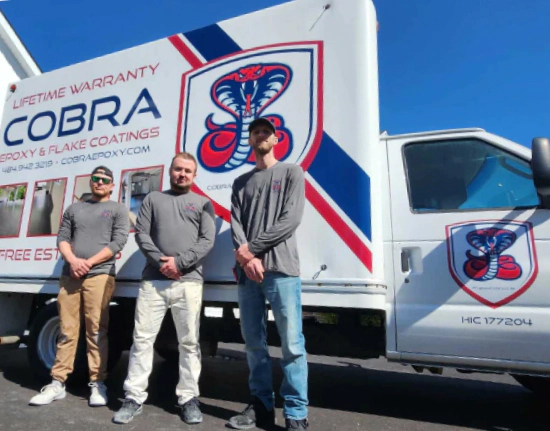 Jimmy, Justyn and the Cobra Epoxy crew standing in front of their branded box truck in Pennsylvania