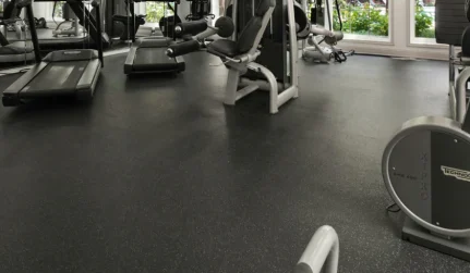 Dark speckled epoxy floor under treadmills and weight equipment in a home gym